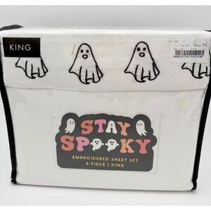 Artisan Home King Size 6 Piece Embroidered Sheet Set White Ghost Halloween